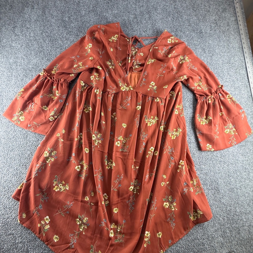 Peach Love California Rust Orange Floral Bell Sleeve Babydoll Mini Dress Tie